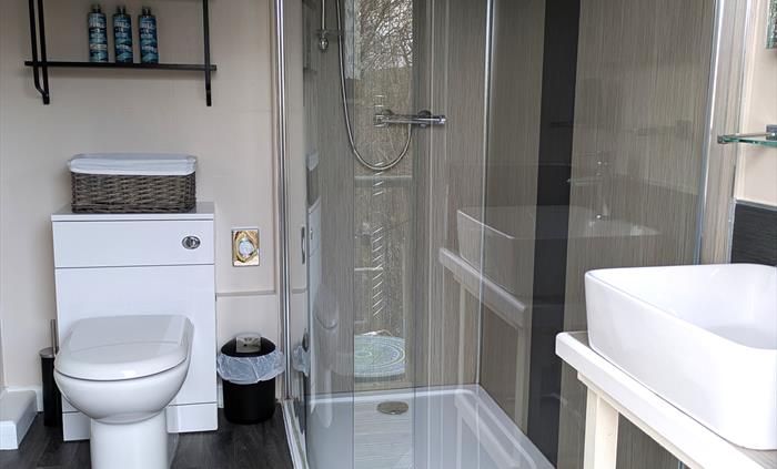 Glass shower cubicle, white toilet, mirror with a glass shelf above the white basin, black shelves above the toilet with Faith in Nature toiletries. G